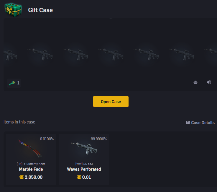 CSGOEmpire Gift Case showing a 0.01% Butterfly Knife Marble Fade and 99.99% SG 553 Waves Perforated
